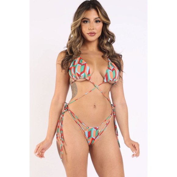 Women's Sexy Strappy Sunsuit Triangle Bikini Swimsuit Swimwear Printed - Picture 5 of 9